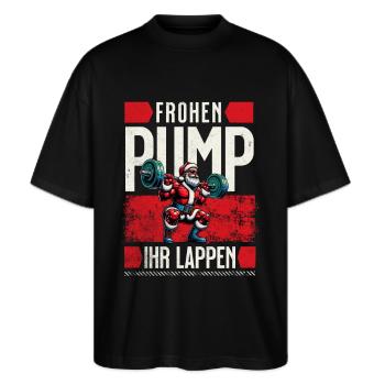 Weihnachten Gym Weihnachtsmann Fitness Training - Stanley/Stella Oversized Unisex Bio T-Shirt Blaster 2.0 - Schwarz - Vorne - Alina (178cm) & Michal (187cm)