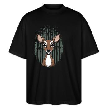 Cottagecore Deer In The Woods Nature Motif - Stanley/Stella Oversized Unisex Organic T-shirt Blaster 2.0 - black - Front - Alina (178cm) & Michal (187cm)