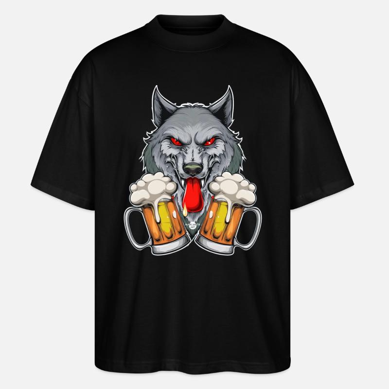03 Party Wolf deux litres de bière pour trinquer Cheers - T-shirt bio Blaster 2.0 coupe oversize Stanley/Stella Unisexe - noir