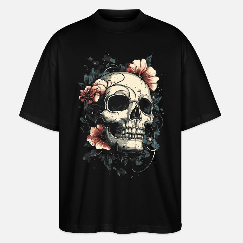 Schädel mit Blumen Tattoo-Stil - Stanley/Stella Oversized Unisex Bio T-Shirt Blaster 2.0 - Schwarz