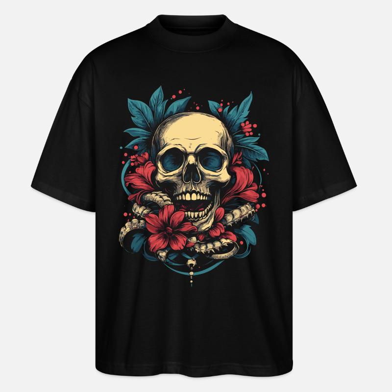 Crâne tropical avec des fleurs - T-shirt bio Blaster 2.0 coupe oversize Stanley/Stella Unisexe - noir