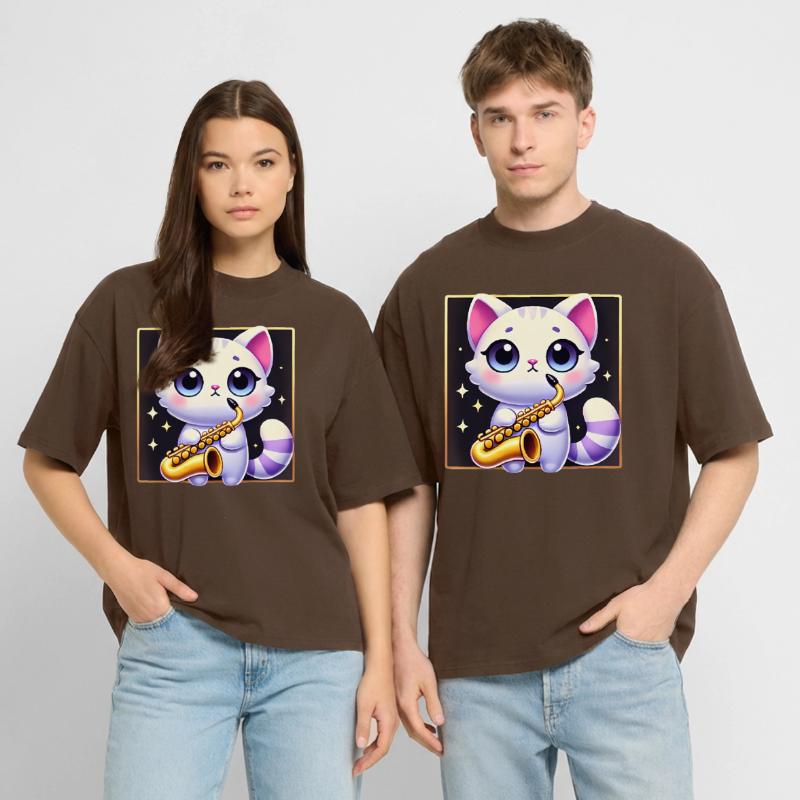Conception de dessin animé de chat de saxophone mignon T-shirt bio Blaster 2.0 coupe oversize Stanley/Stella Unisexe