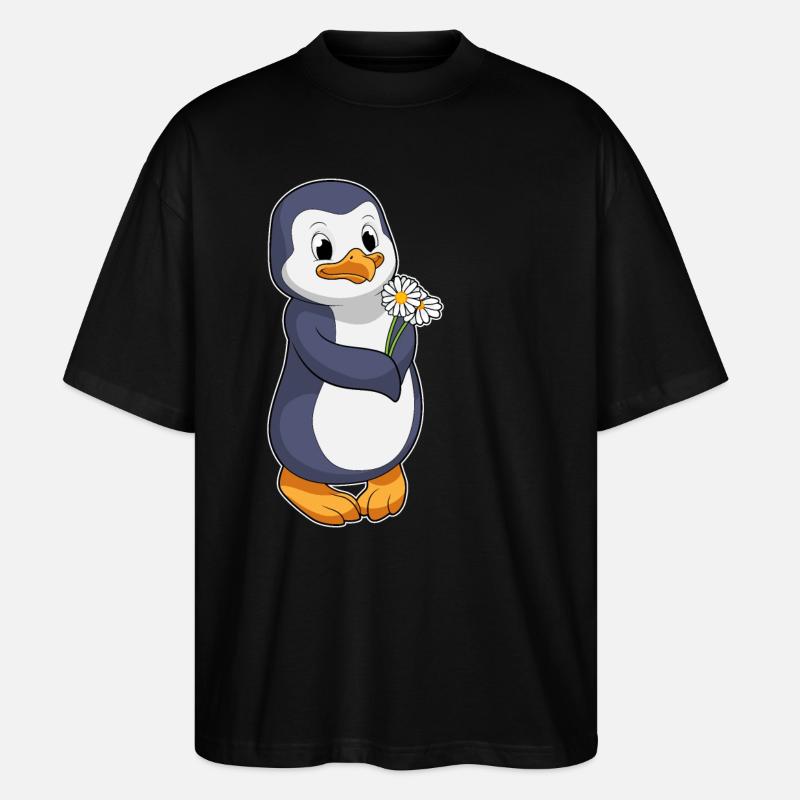 Penguin with daisies - Stanley/Stella Oversized Unisex Organic T-shirt Blaster 2.0 - black
