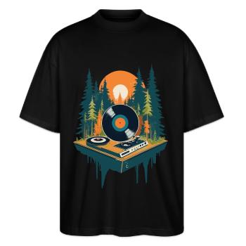 Musik Retro Streetwear Plattenspieler - Stanley/Stella Oversized Unisex Bio T-Shirt Blaster 2.0 - Schwarz - Vorne - Alina (178cm) & Michal (187cm)