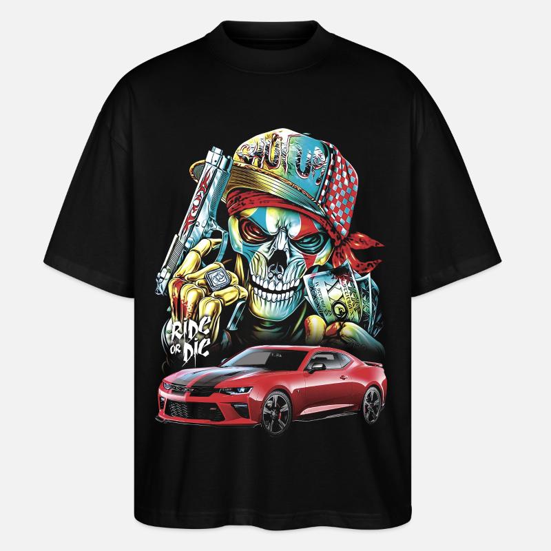 Schädel, Mutig, Rotes Auto - Stanley/Stella Oversized Unisex Bio T-Shirt Blaster 2.0 - Schwarz