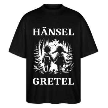 Hänsel & Gretel – Lustiges Comic Design - Stanley/Stella Oversized Unisex Bio T-Shirt Blaster 2.0 - Schwarz - Vorne - Alina (178cm) & Michal (187cm)