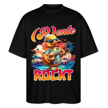 Rentner Rente Sprüche Geschenk Lustig - Stanley/Stella Oversized Unisex Bio T-Shirt Blaster 2.0 - Schwarz - Vorne - Alina (178cm) & Michal (187cm)