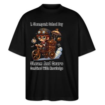 Eerste Steampunk Schooldag - Stanley/Stella Uniseks oversized bio T-shirt Blaster 2.0 - zwart - Voor - Alina (178cm) & Michal (187cm)