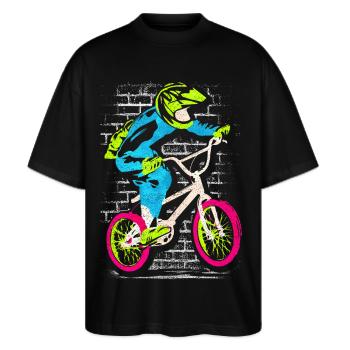 BMX Fahrrad | Buntes BMX - BMX Fahrer - Stanley/Stella Oversized Unisex Bio T-Shirt Blaster 2.0 - Schwarz - Vorne - Alina (178cm) & Michal (187cm)