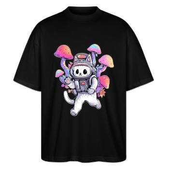 Trippy Party Astronaute Kitty EDM Rave Champignon - T-shirt bio Blaster 2.0 coupe oversize Stanley/Stella Unisexe - noir - Devant - Alina (178cm) & Michal (187cm)