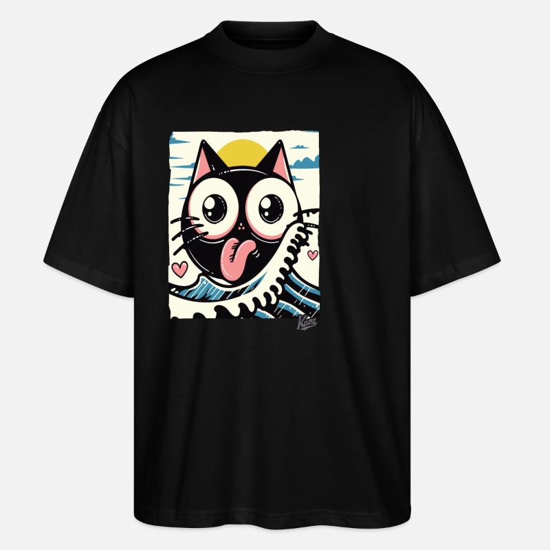 Vagues japonaises aimant chat noir - T-shirt bio Blaster 2.0 coupe oversize Stanley/Stella Unisexe - noir