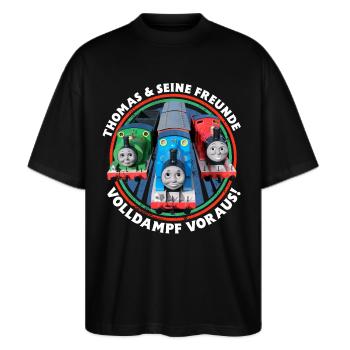 Thomas & Friends™ Design Volldampf Voraus! - Stanley/Stella Oversized Unisex Bio T-Shirt Blaster 2.0 - Schwarz - Vorne - Alina (178cm) & Michal (187cm)