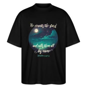 Bibelvers Christlich Religiöses Motiv - Stanley/Stella Oversized Unisex Bio T-Shirt Blaster 2.0 - Schwarz - Vorne - Alina (178cm) & Michal (187cm)