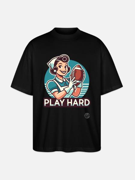 Retro tegneserie husmor spiller amerikansk fodbold - Stanley/Stella Oversize Unisex Øko T-shirt Blaster 2.0 - sort