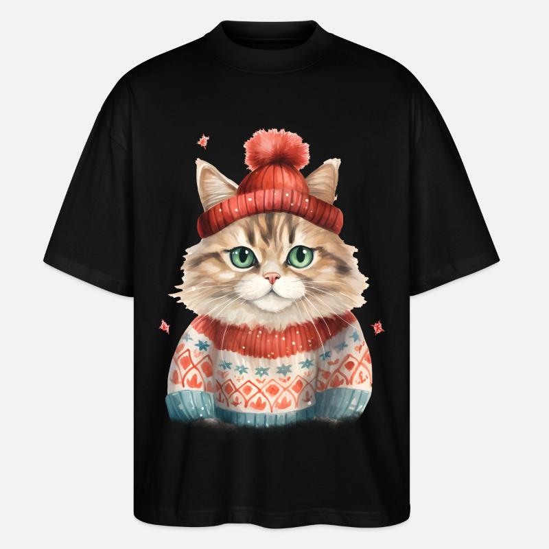 Winterkatze im Strickpullover - Stanley/Stella Oversized Unisex Bio T-Shirt Blaster 2.0 - Schwarz