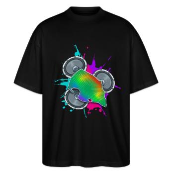 Fehmarn Lautsprecher Musik Bunt Insel - Stanley/Stella Oversized Unisex Bio T-Shirt Blaster 2.0 - Schwarz - Vorne - Alina (178cm) & Michal (187cm)