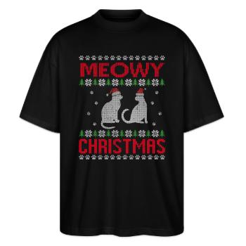 MIAUIGE WEIHNACHTEN, Weihnachtspyjama - Stanley/Stella Oversized Unisex Bio T-Shirt Blaster 2.0 - Schwarz - Vorne - Alina (178cm) & Michal (187cm)