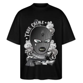 Wahre Kriminalität - Stanley/Stella Oversized Unisex Bio T-Shirt Blaster 2.0 - Schwarz - Vorne - Alina (178cm) & Michal (187cm)