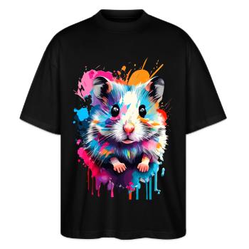 Hamster Farbenfroh - Feldhamster Goldhamster Nager - Stanley/Stella Oversized Unisex Bio T-Shirt Blaster 2.0 - Schwarz - Vorne - Alina (178cm) & Michal (187cm)