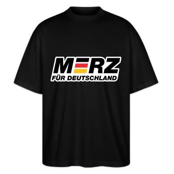 Merz für Deutschland - Kanzler - Kanzlerkandidat - Stanley/Stella Oversized Unisex Bio T-Shirt Blaster 2.0 - Schwarz - Vorne - Alina (178cm) & Michal (187cm)