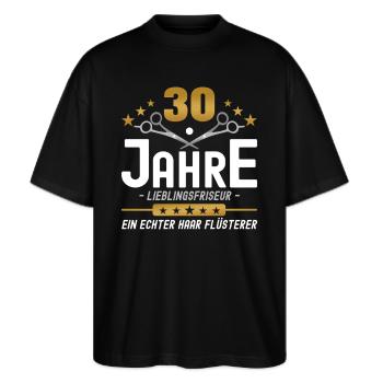 30 Jahre Jubiläum Friseur - Stanley/Stella Oversized Unisex Bio T-Shirt Blaster 2.0 - Schwarz - Vorne - Alina (178cm) & Michal (187cm)