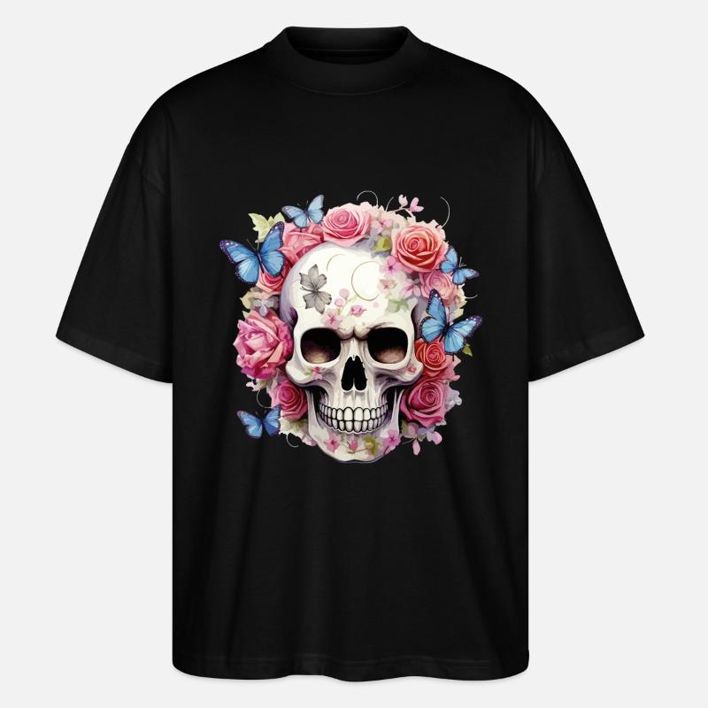 Crâne Crâne Roses Fleurs Papillons - T-shirt bio Blaster 2.0 coupe oversize Stanley/Stella Unisexe - noir