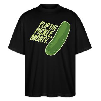 Rick And Morty Flip The Pickle Gewürzgurke - Stanley/Stella Oversized Unisex Bio T-Shirt Blaster 2.0 - Schwarz - Vorne - Alina (178cm) & Michal (187cm)