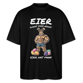 Lustige Eier Ostern Hase - Stanley/Stella Oversized Unisex Bio T-Shirt Blaster 2.0 - Schwarz - Vorne - Alina (178cm) & Michal (187cm)
