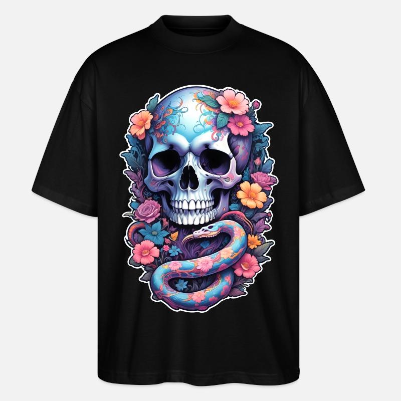 Totenschädel bunte Schlange, Blumen, Farbe - Stanley/Stella Oversized Unisex Bio T-Shirt Blaster 2.0 - Schwarz