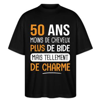 50 ans plus de charme cadeau anniversaire 50 ans - T-shirt bio Blaster 2.0 coupe oversize Stanley/Stella Unisexe - noir - Devant - Alina (178cm) & Michal (187cm)