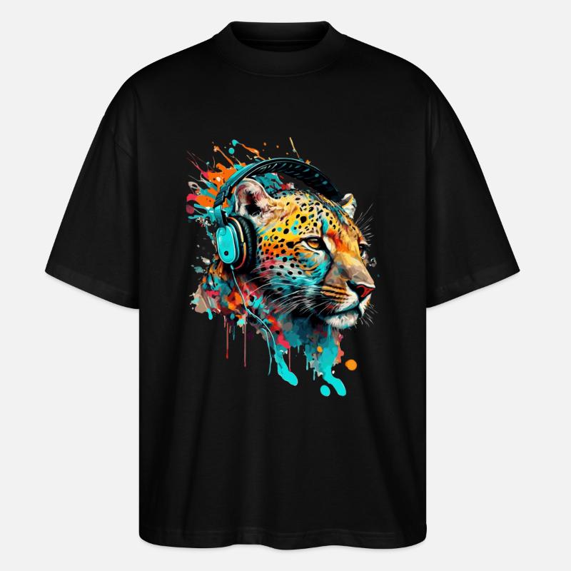 Leopard mit Kopfhörern DJ - Stanley/Stella Oversized Unisex Bio T-Shirt Blaster 2.0 - Schwarz