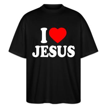 I love jesus - Stanley/Stella Oversized Unisex Bio T-Shirt Blaster 2.0 - Schwarz - Vorne - Alina (178cm) & Michal (187cm)