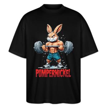 Pumpernickel - Karnickel beim Krafttraining - Stanley/Stella Oversized Unisex Bio T-Shirt Blaster 2.0 - Schwarz - Vorne - Alina (178cm) & Michal (187cm)