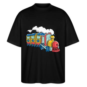 Bunte Dampflok für Kinder - Stanley/Stella Oversized Unisex Bio T-Shirt Blaster 2.0 - Schwarz - Vorne - Alina (178cm) & Michal (187cm)