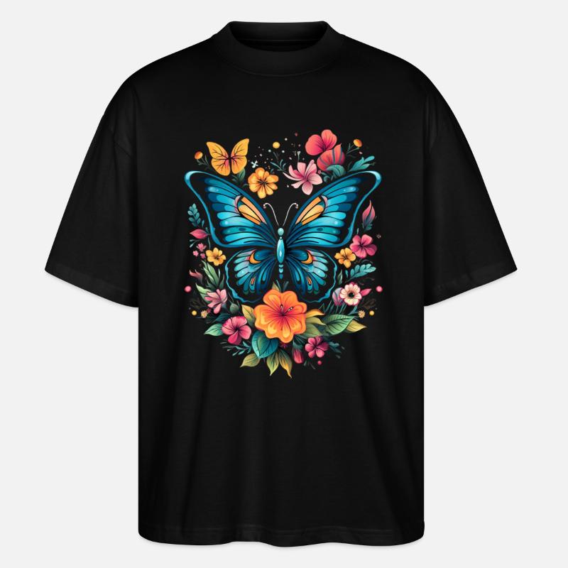 Schmetterling mit Blumen - Stanley/Stella Oversized Unisex Bio T-Shirt Blaster 2.0 - Schwarz