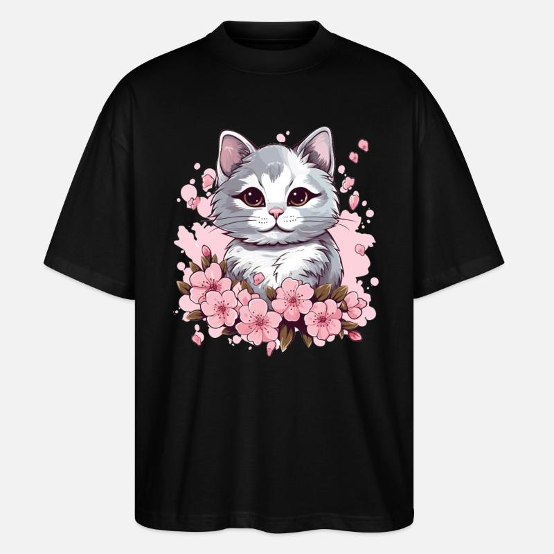Katze mit Kirschblüten - Stanley/Stella Oversized Unisex Bio T-Shirt Blaster 2.0 - Schwarz