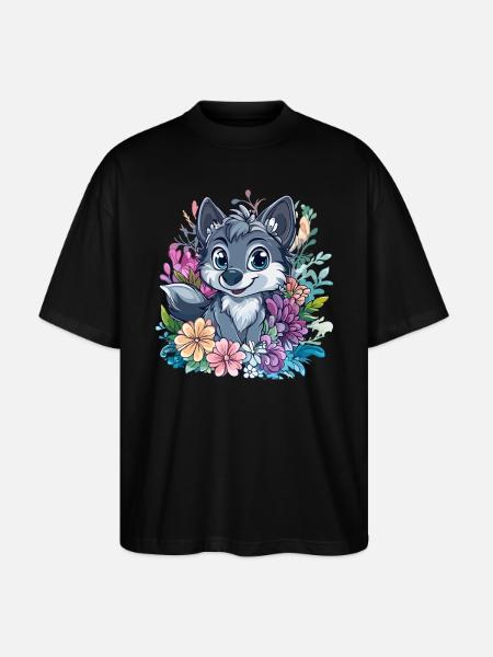 Flower Wolf Cartoon Style - Stanley/Stella Oversized Unisex Organic T-shirt Blaster 2.0 - black