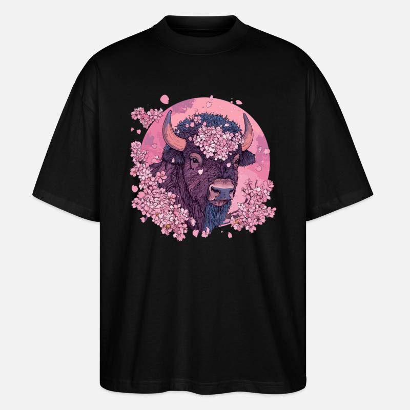 Bison mit Kirschblütenkranz - Stanley/Stella Oversized Unisex Bio T-Shirt Blaster 2.0 - Schwarz