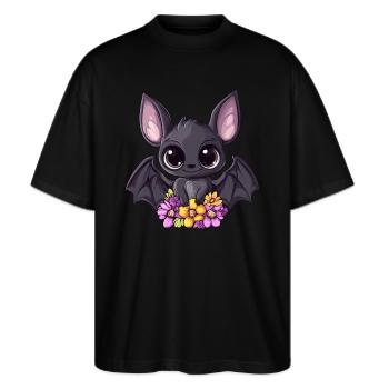 Fledermaus mit Blumen - Stanley/Stella Oversized Unisex Bio T-Shirt Blaster 2.0 - Schwarz - Vorne - Alina (178cm) & Michal (187cm)