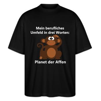 Planet der Affen Mein berufliches Umfeld Arbeit - Stanley/Stella Oversized Unisex Bio T-Shirt Blaster 2.0 - Schwarz - Vorne - Alina (178cm) & Michal (187cm)