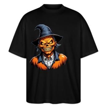 Halloween - Kürbis Grusel zur Walpurgisnacht - Stanley/Stella Oversized Unisex Bio T-Shirt Blaster 2.0 - Schwarz - Vorne - Alina (178cm) & Michal (187cm)