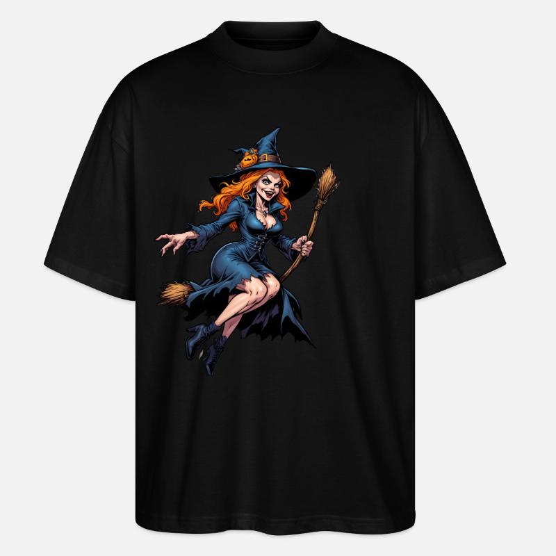 Halloween Witch With Pumpkin Illustration - Stanley/Stella Oversized Unisex Organic T-shirt Blaster 2.0 - black