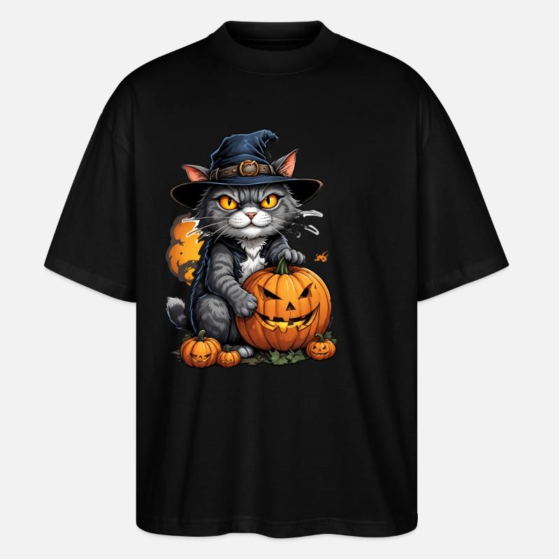 Chat d’Halloween avec citrouille - T-shirt bio Blaster 2.0 coupe oversize Stanley/Stella Unisexe - noir