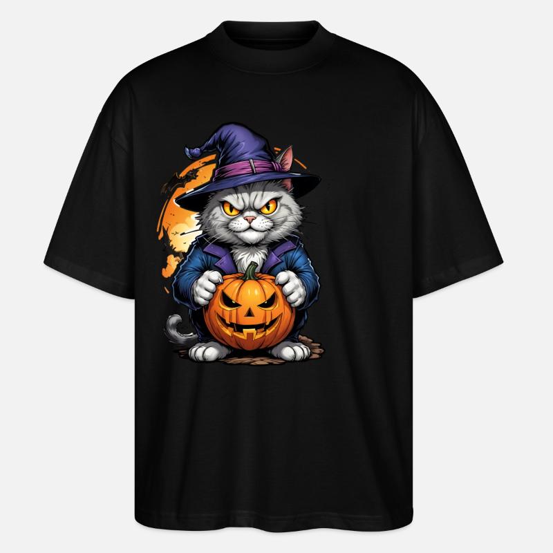 Chat d’Halloween avec citrouille - T-shirt bio Blaster 2.0 coupe oversize Stanley/Stella Unisexe - noir