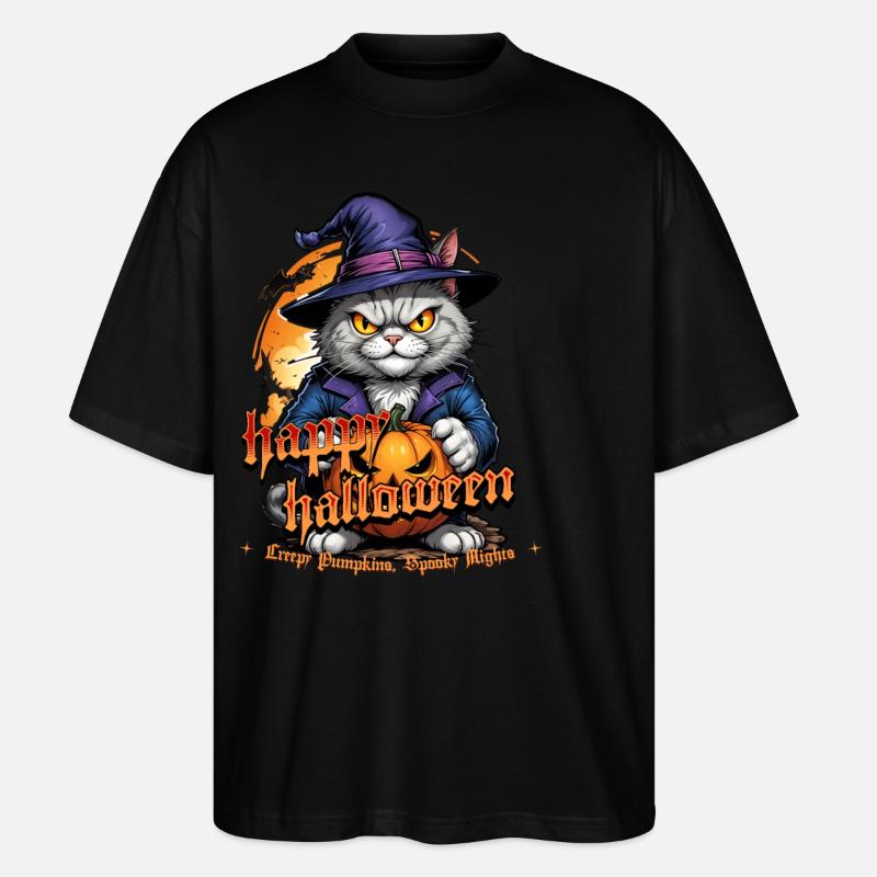 Chat d’Halloween avec citrouille - T-shirt bio Blaster 2.0 coupe oversize Stanley/Stella Unisexe - noir