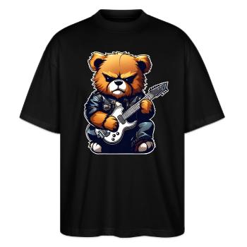 Heavy Metal Teddy Bär mit E-Gitarre - Stanley/Stella Oversized Unisex Bio T-Shirt Blaster 2.0 - Schwarz - Vorne - Alina (178cm) & Michal (187cm)