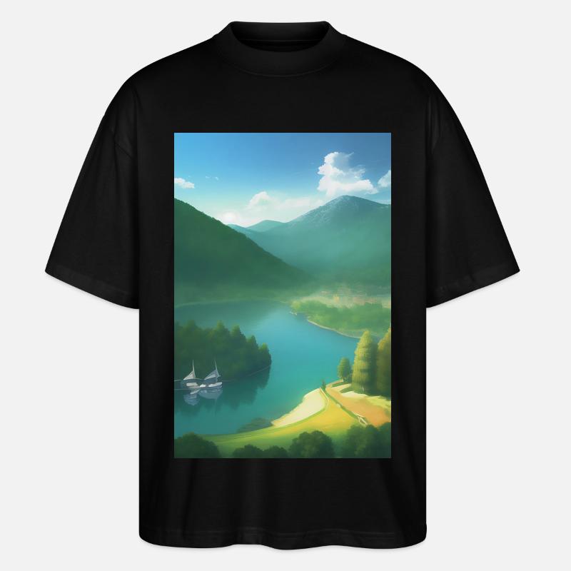 Landschaft mit See, Boot und Berge - Stanley/Stella Oversized Unisex Bio T-Shirt Blaster 2.0 - Schwarz