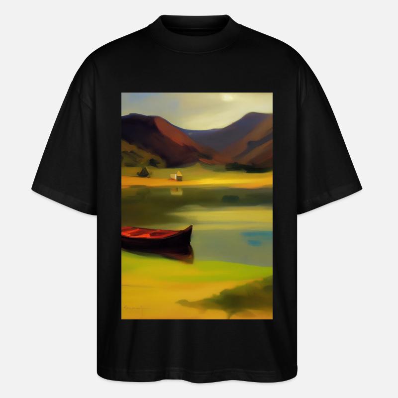 Landschaft mit See, Boot und Berge - Stanley/Stella Oversized Unisex Bio T-Shirt Blaster 2.0 - Schwarz