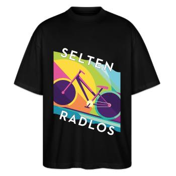 Selten radlos – Rennrad Design Colorblocking - Stanley/Stella Oversized Unisex Bio T-Shirt Blaster 2.0 - Schwarz - Vorne - Alina (178cm) & Michal (187cm)