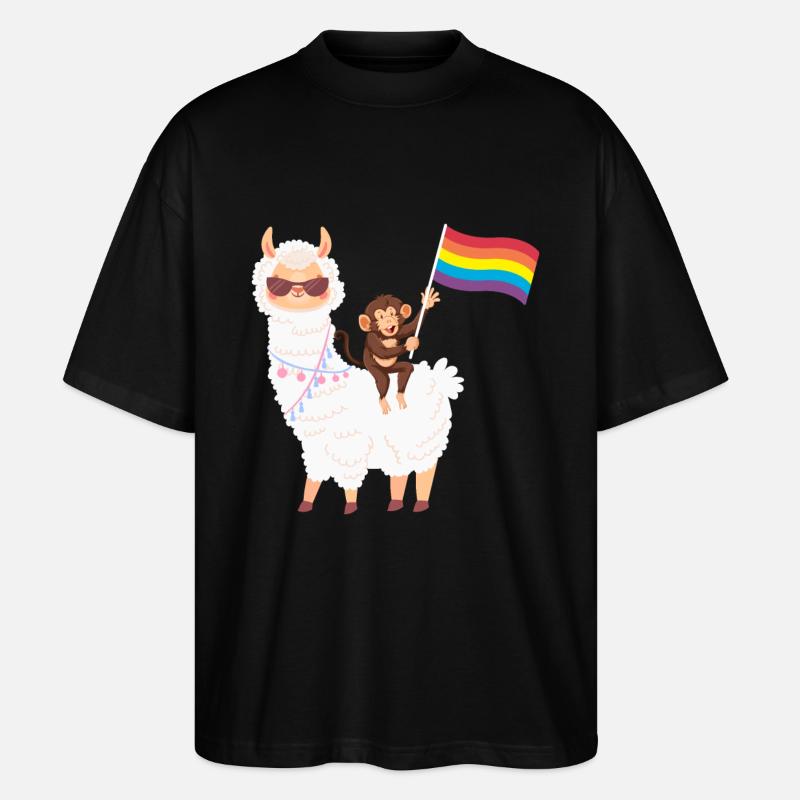 Alpaka mit Äffchen und Regenbogenfahne - Stanley/Stella Oversized Unisex Bio T-Shirt Blaster 2.0 - Schwarz